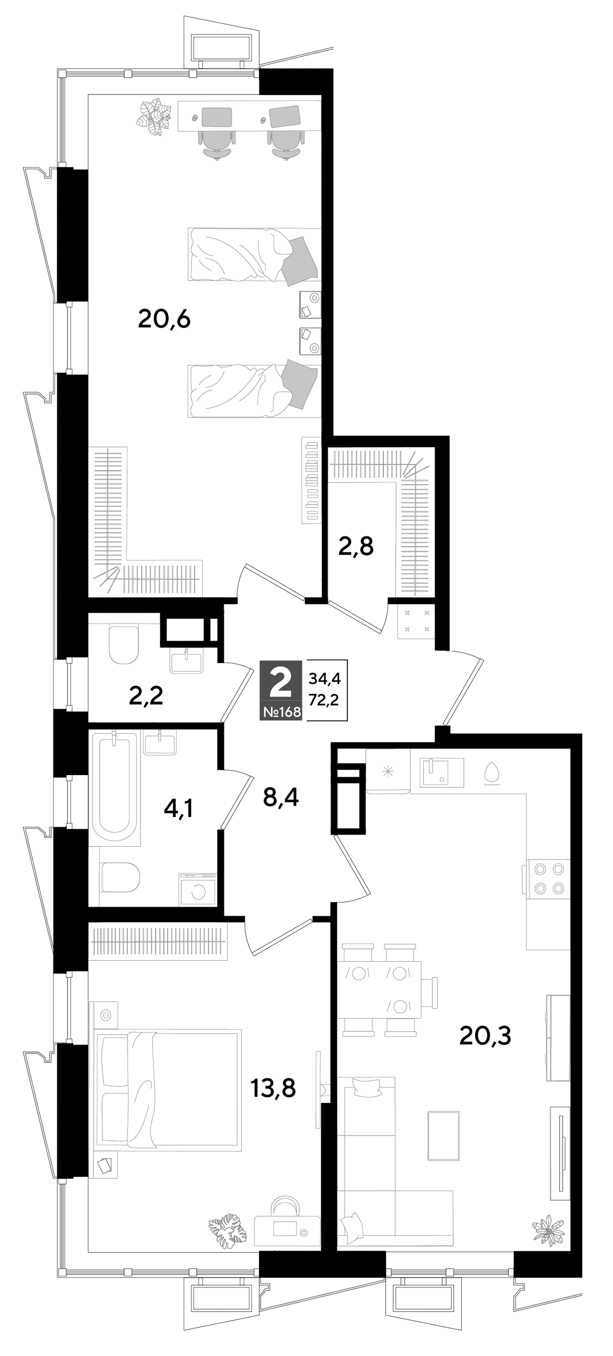 2-к, 72.2 м² · Парк Победы-2