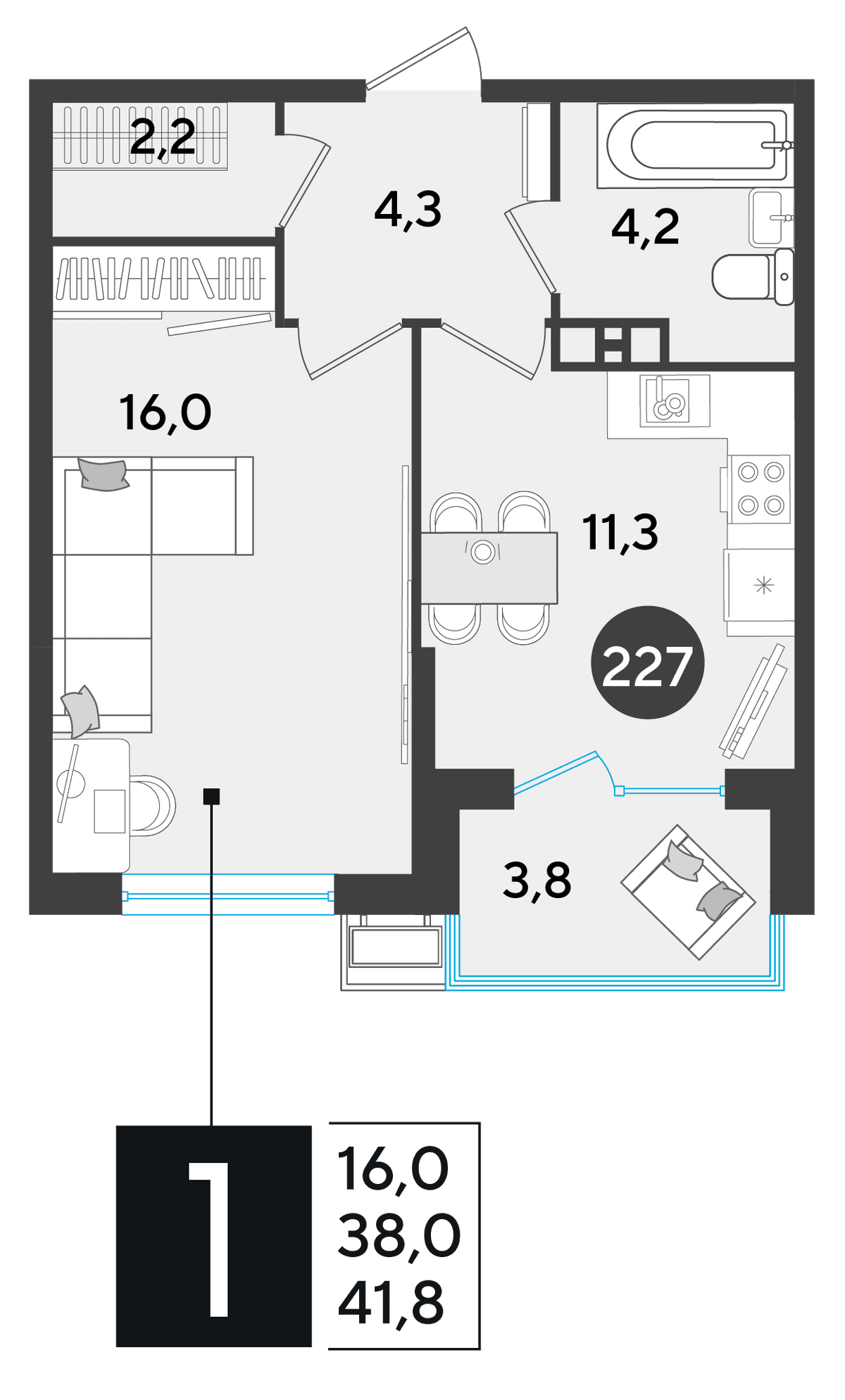 1-к, 41.8 м² · Парк Победы-2