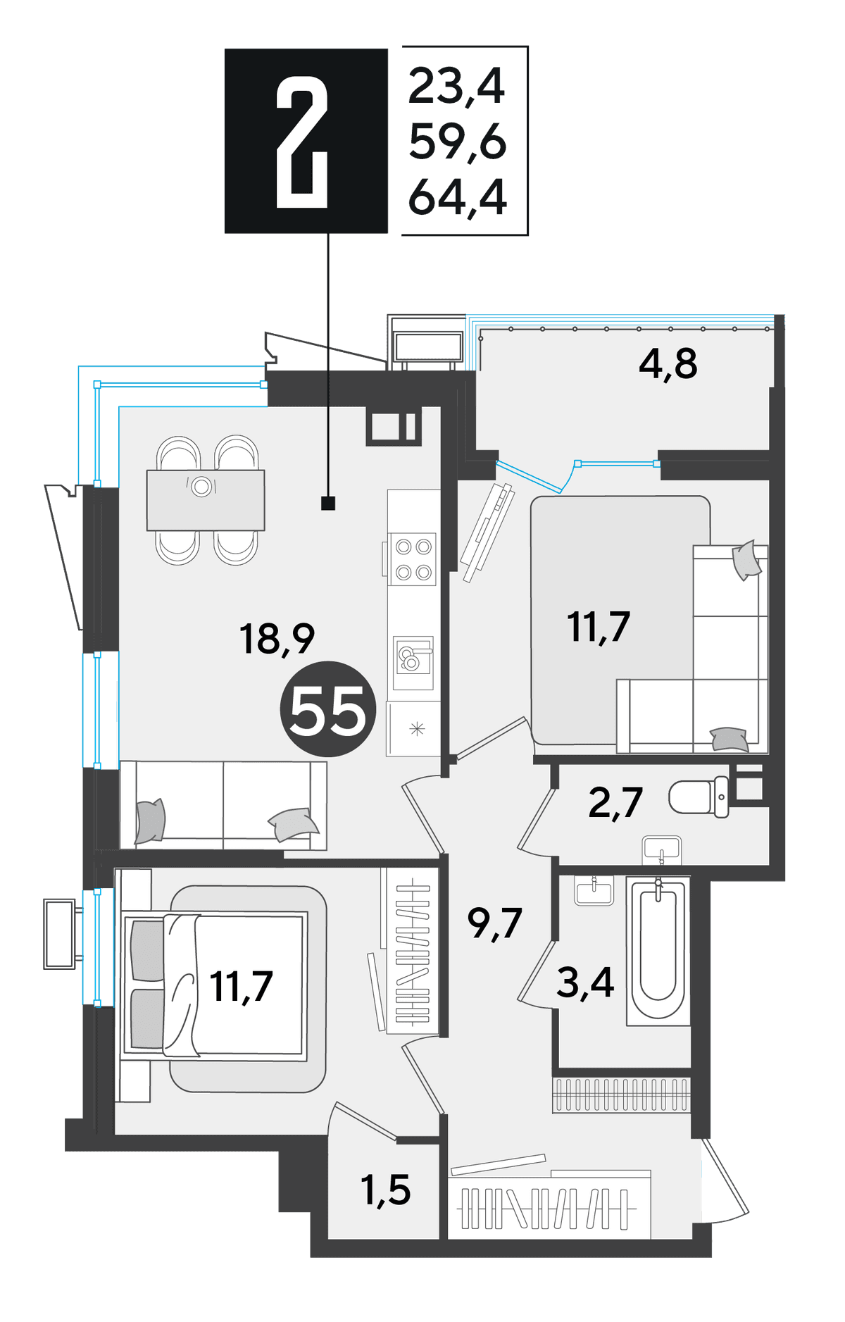 2-к, 63.7 м² · Парк Победы-2