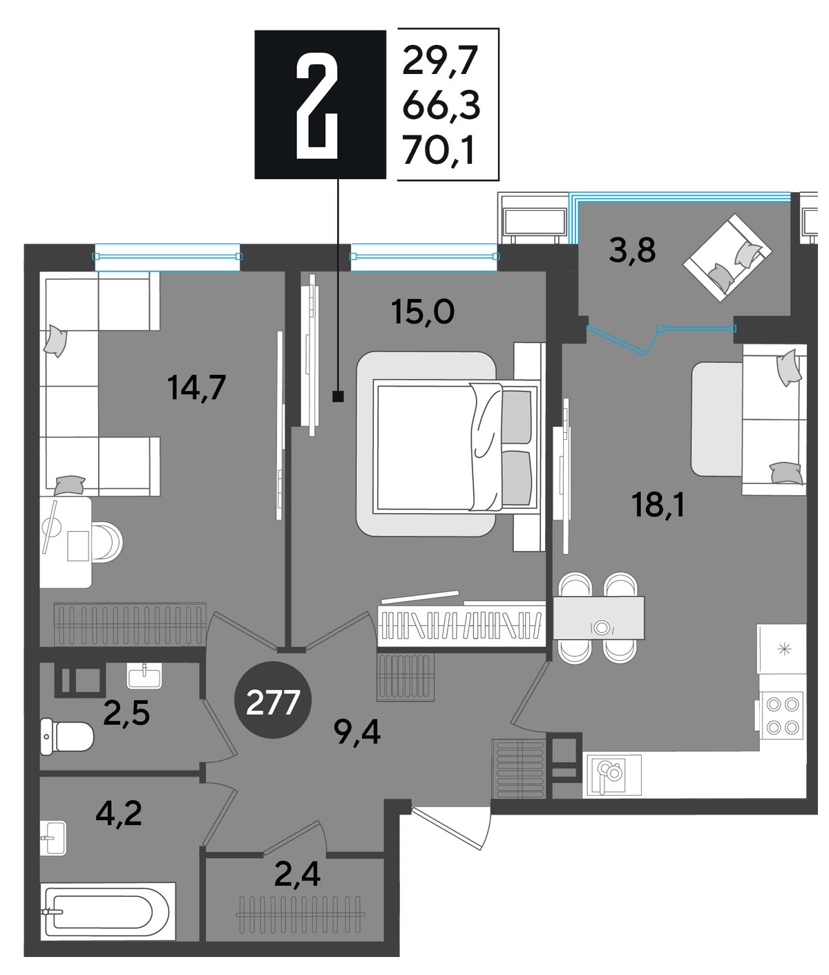2-к, 70.1 м² · Парк Победы-2