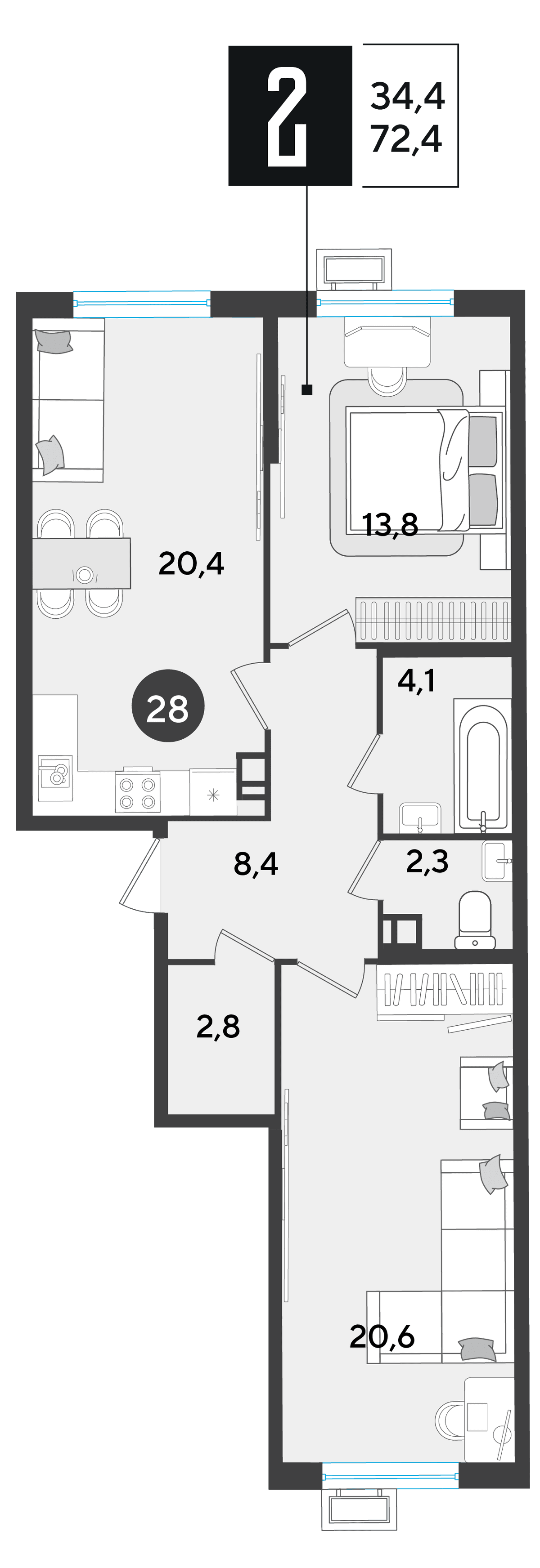 2-к, 72.4 м² · Парк Победы-2