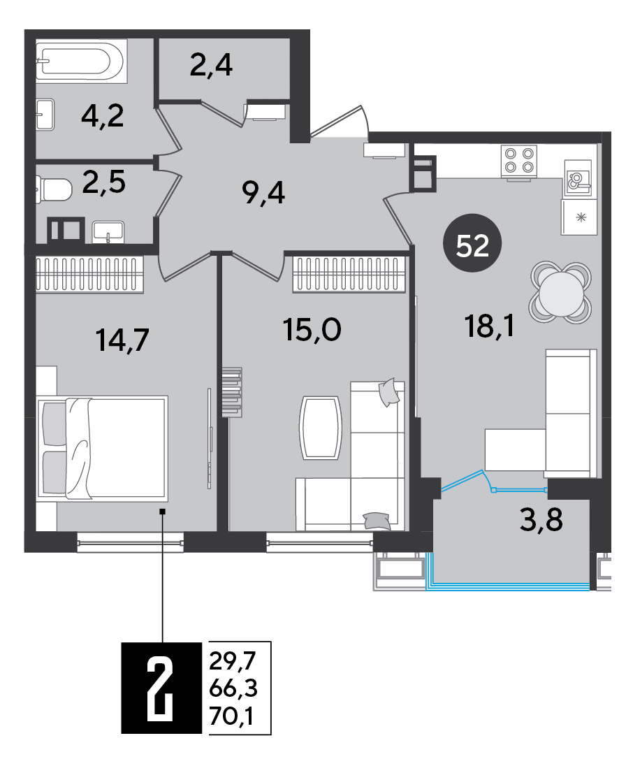 2-к, 70.1 м² · Парк Победы-2