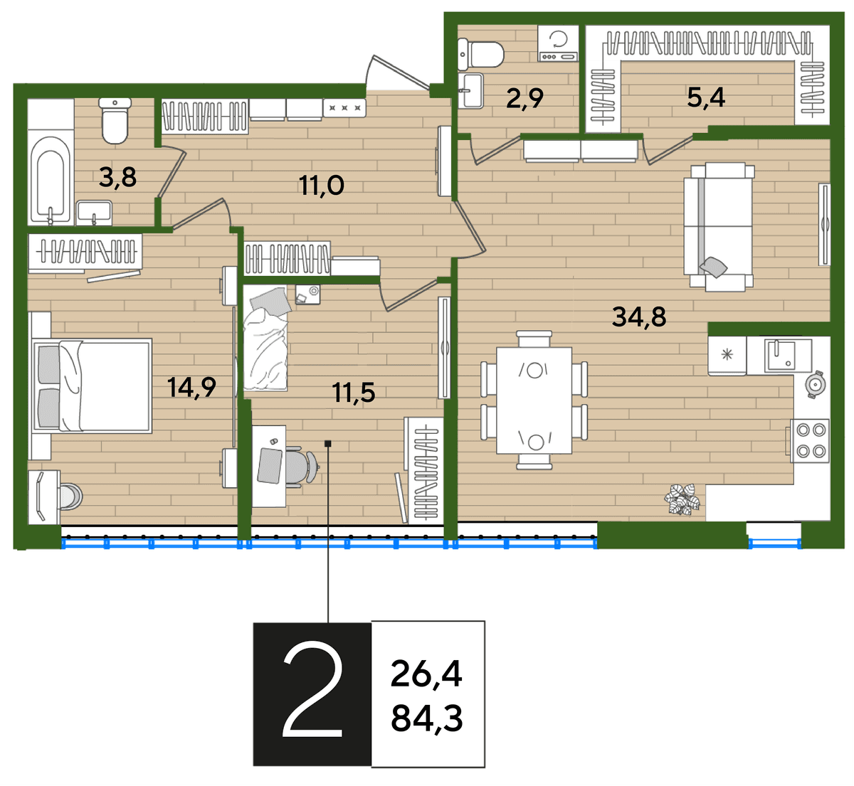 2-к, 84.3 м² · DОГМА ПАРК