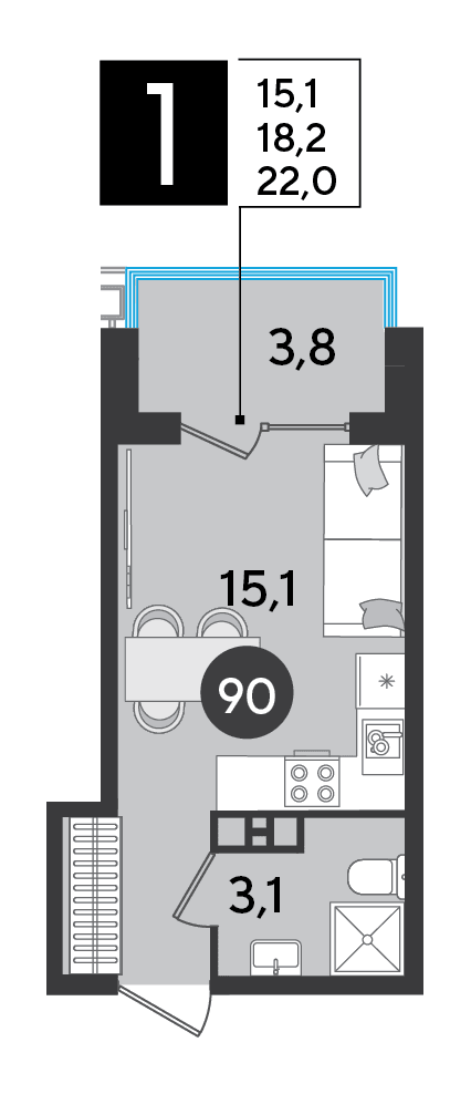 Студия, 22 м² · Парк Победы-2