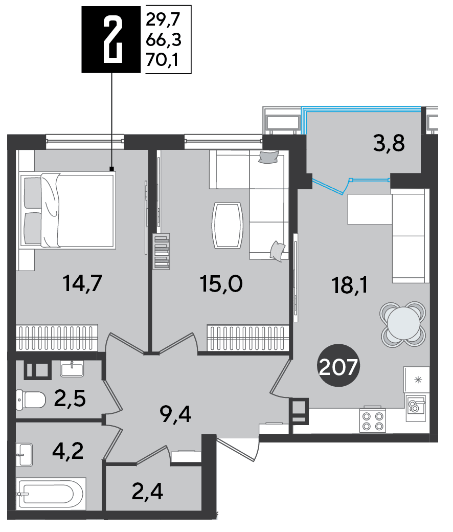 2-к, 70.1 м² · Парк Победы-2