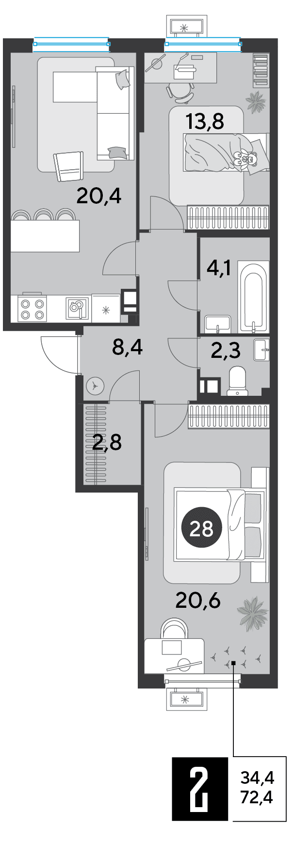 2-к, 72.4 м² · Парк Победы-2