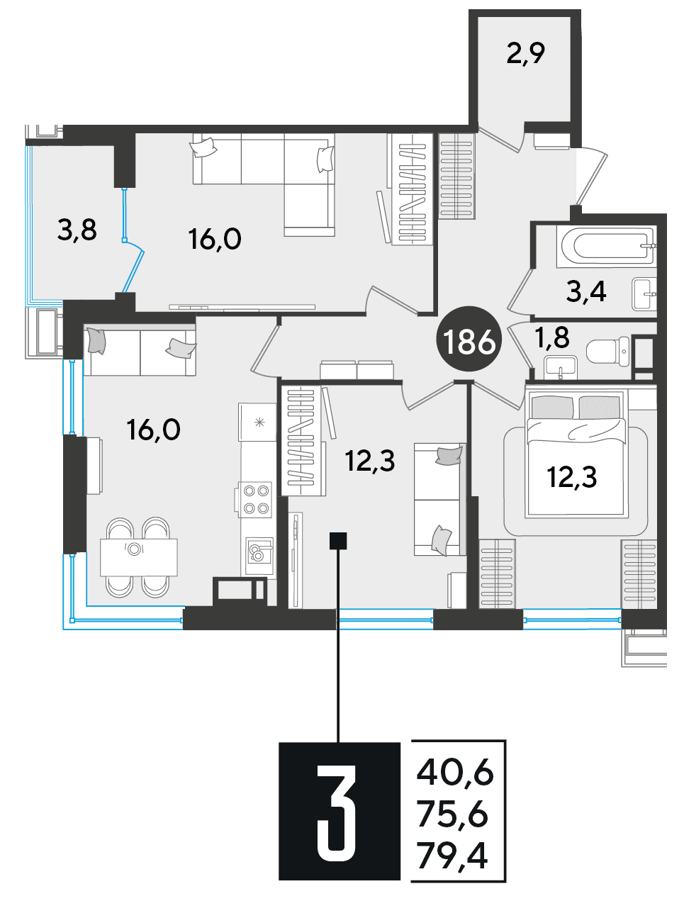 3-к, 79.4 м² · Парк Победы-2