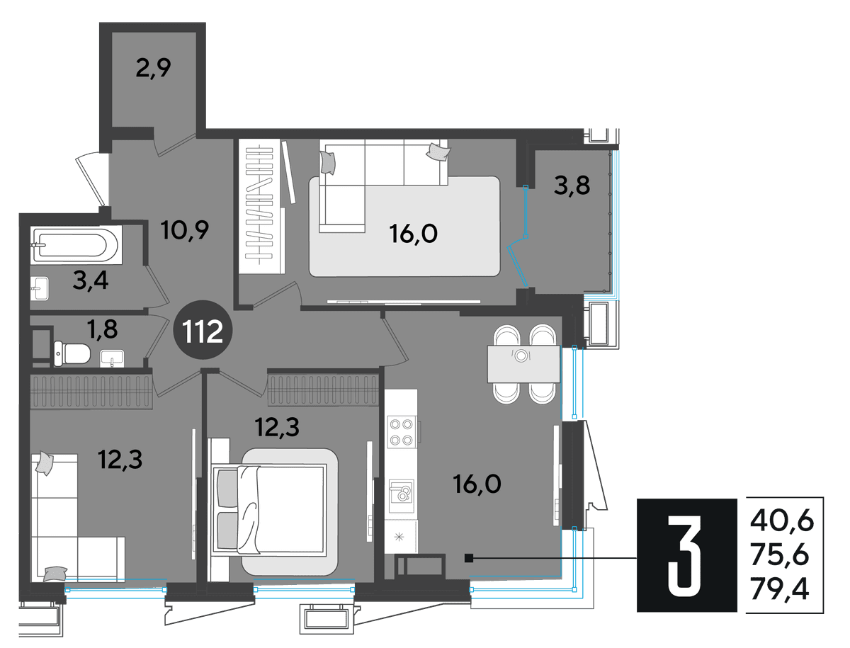 3-к, 78.6 м² · Парк Победы-2
