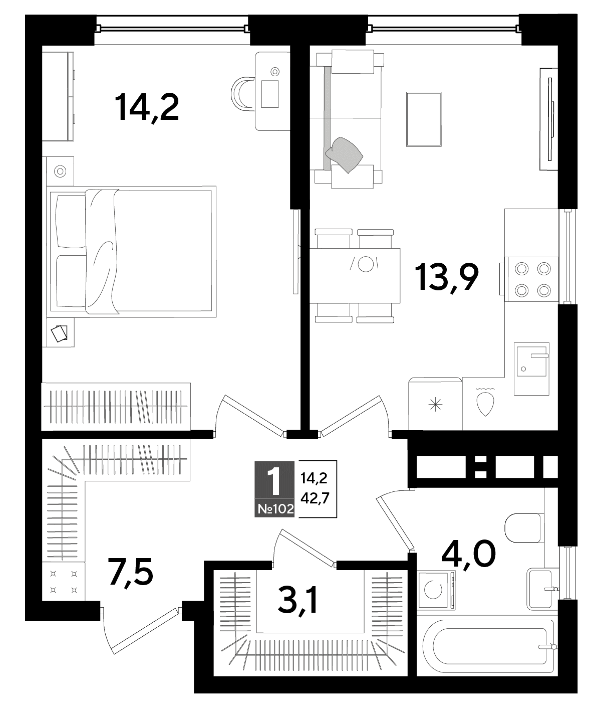 1-к, 42.7 м² · DОГМА ПАРК
