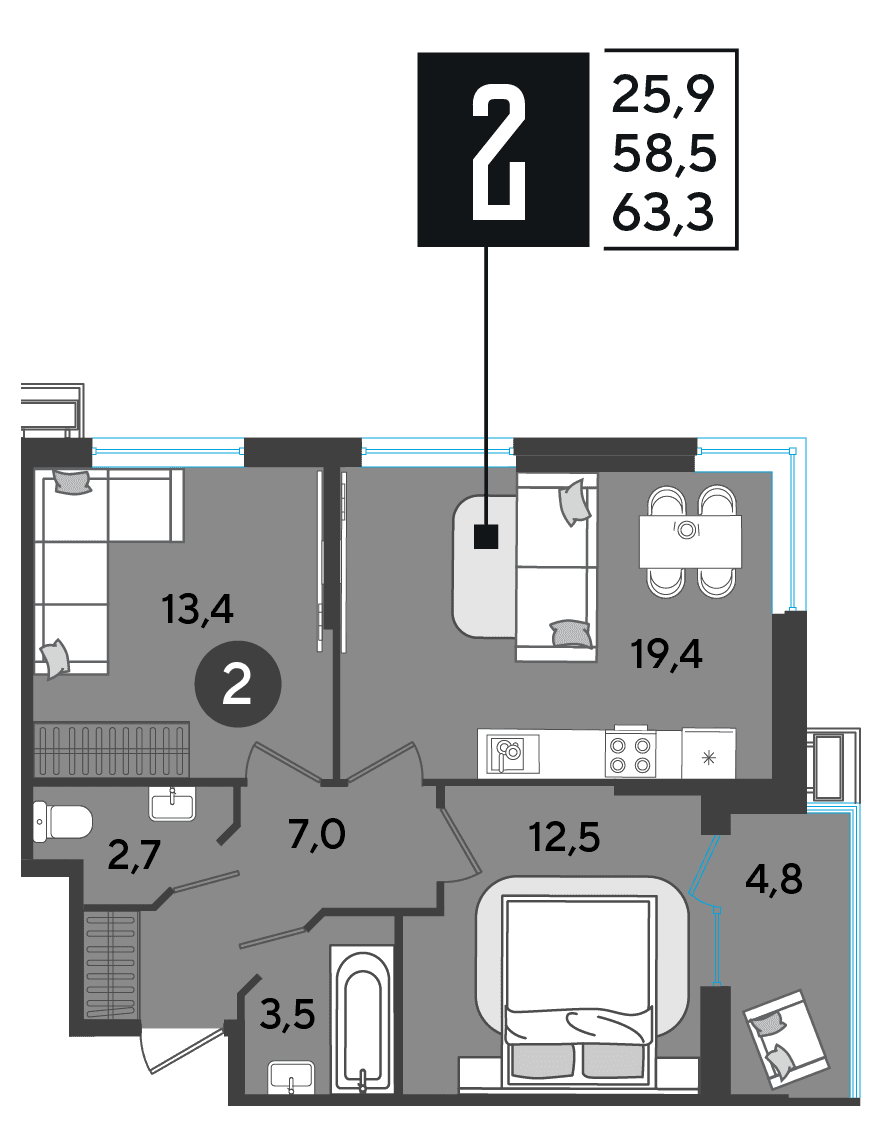 2-к, 63.3 м² · Парк Победы-2