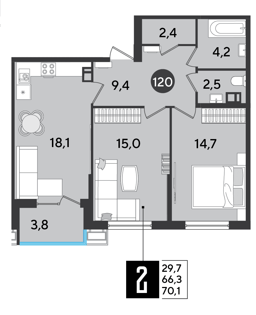 2-к, 70.1 м² · Парк Победы-2