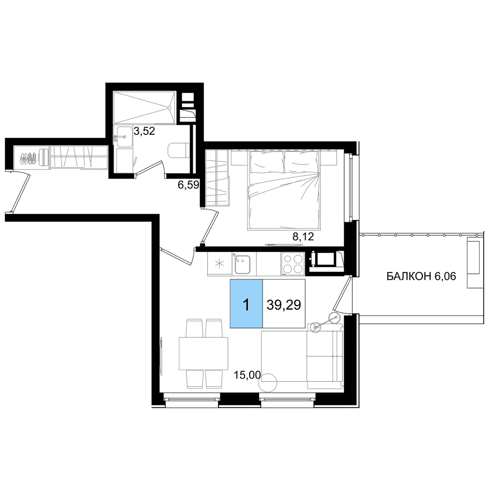 2-к, 39.29 м² · Корсаков