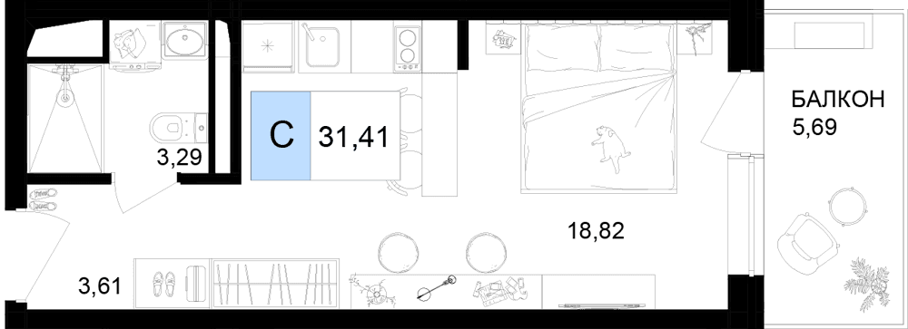Студия, 31.41 м² · Корсаков