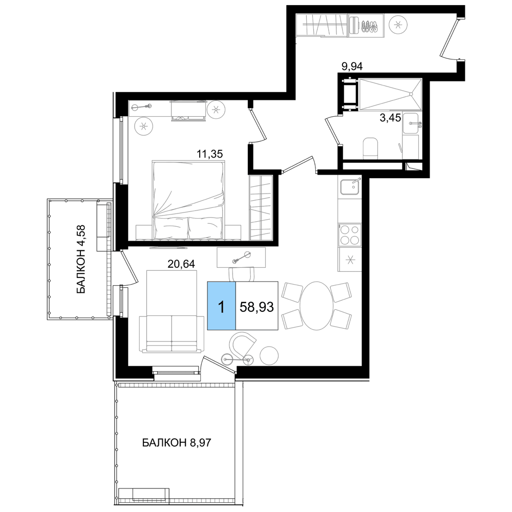 2-к, 58.93 м² · Корсаков