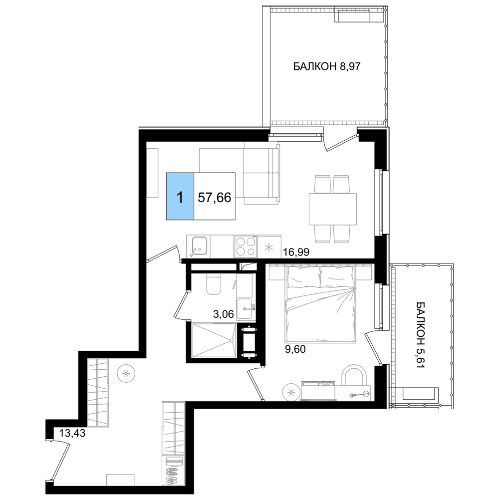 2-к, 57.66 м² · Корсаков