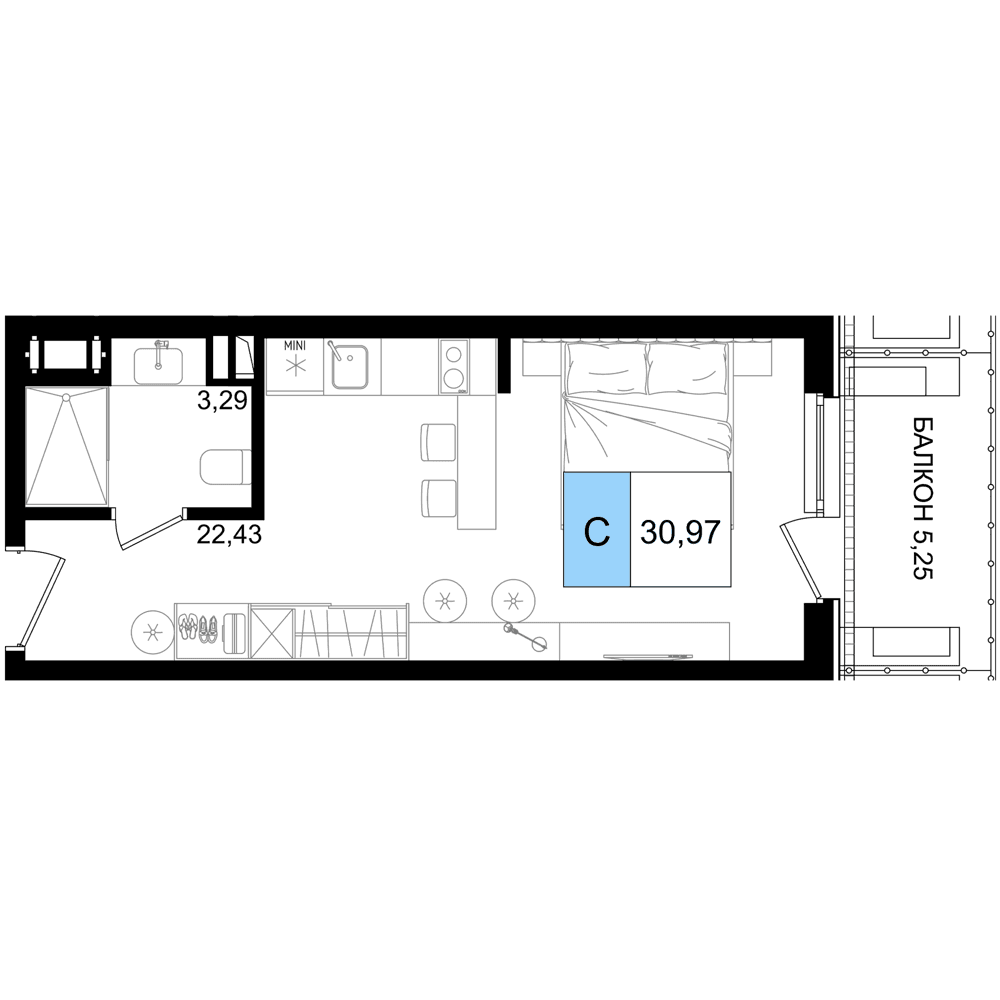 Студия, 30.95 м² · Корсаков