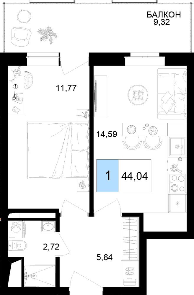 2-к, 44.04 м² · Корсаков