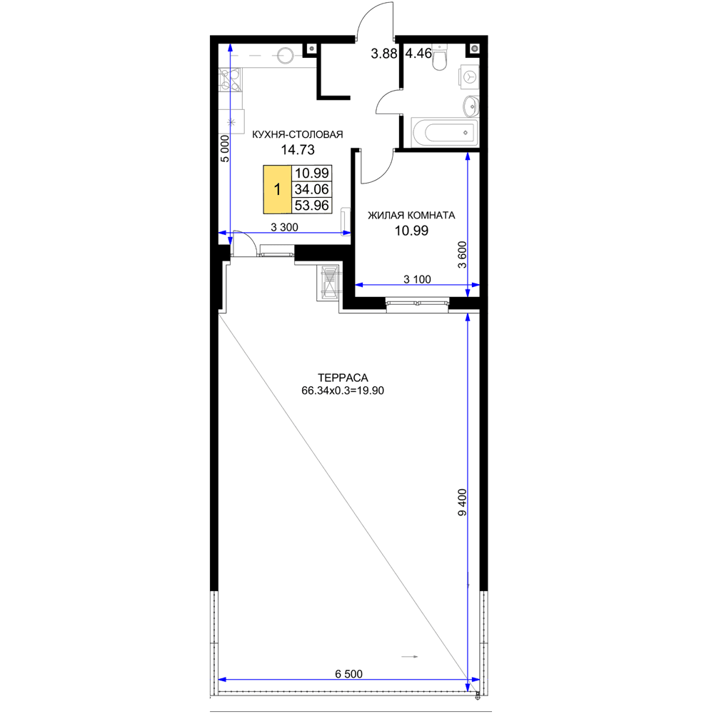 1-к, 53.96 м² · Фонтаны
