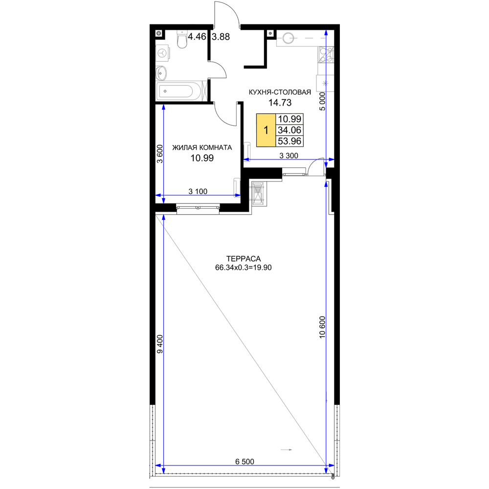 1-к, 53.96 м² · Фонтаны