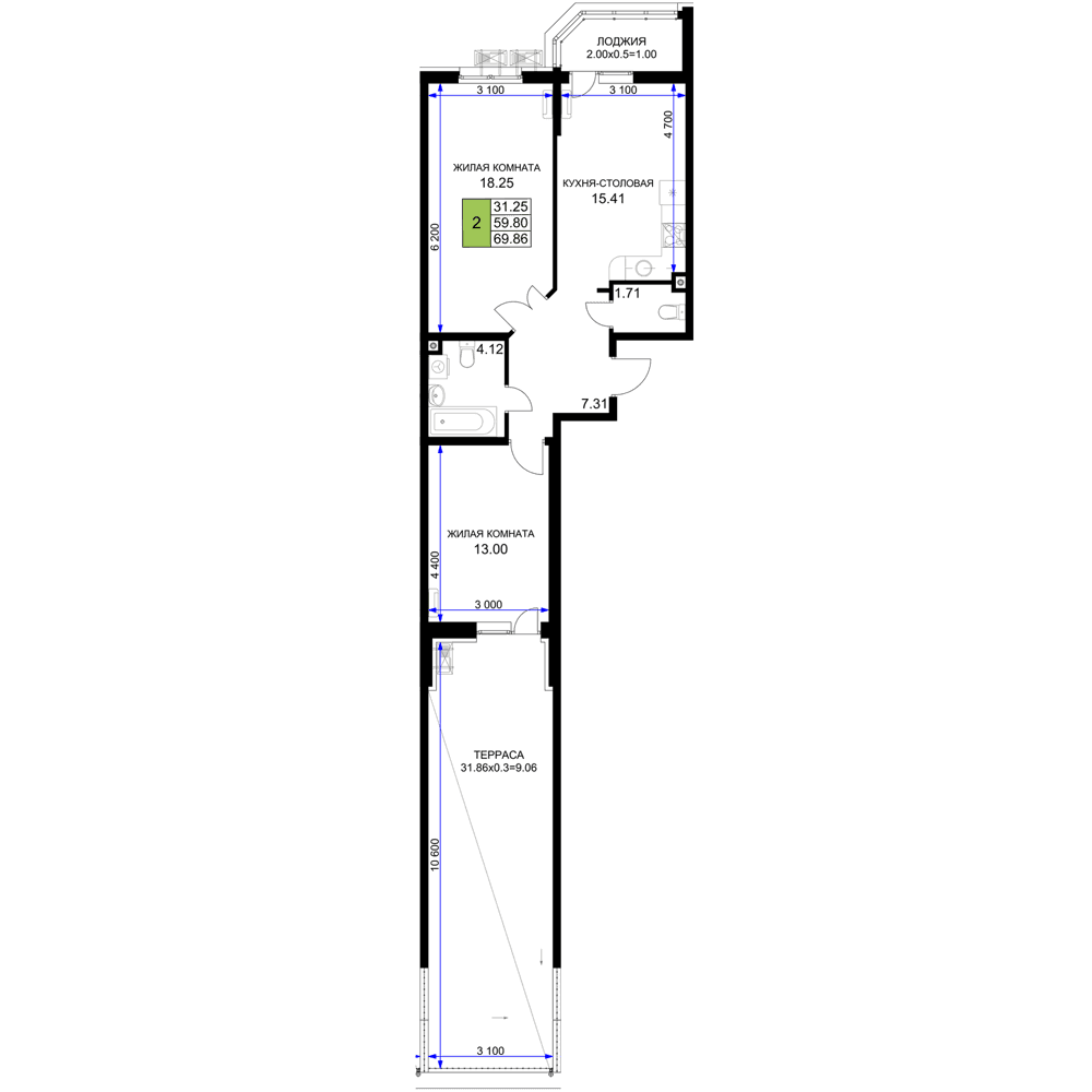 2-к, 69.86 м² · Фонтаны