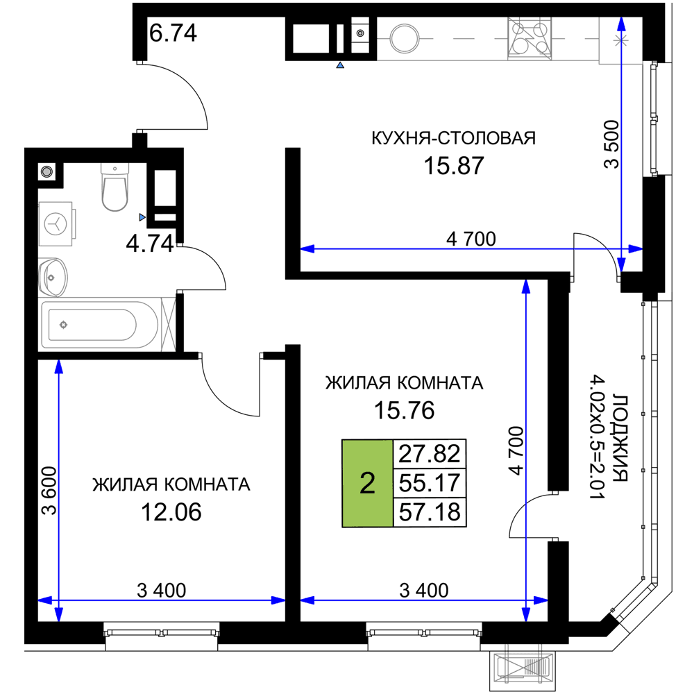 2-к, 57.18 м² · Фонтаны