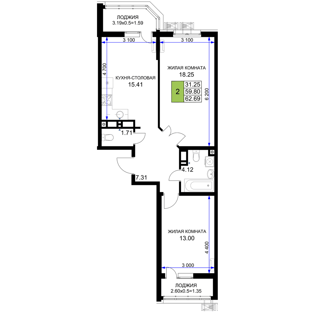 2-к, 62.69 м² · Фонтаны