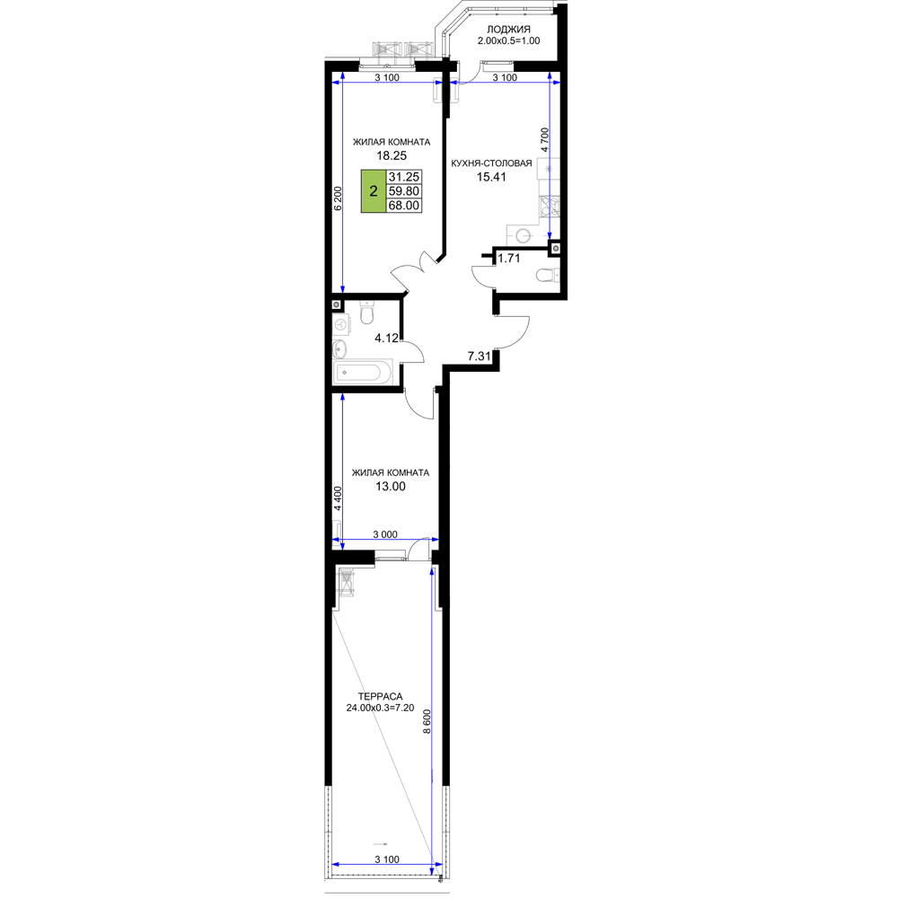 2-к, 68 м² · Фонтаны
