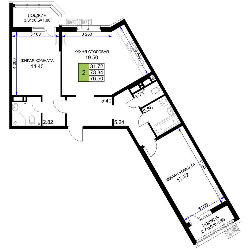 2-к, 76.5 м² · Фонтаны