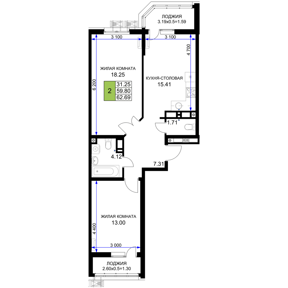 2-к, 62.69 м² · Фонтаны