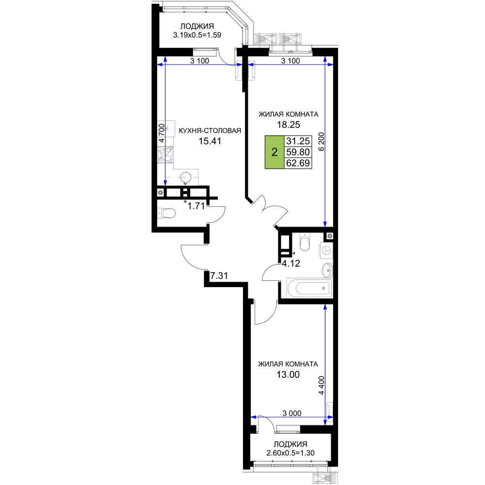 2-к, 62.69 м² · Фонтаны