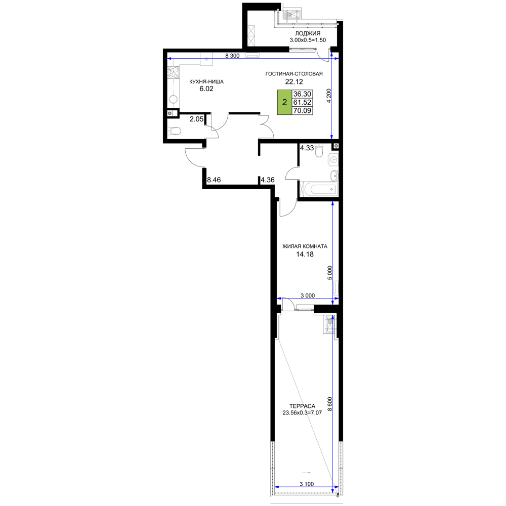 2-к, 70.09 м² · Фонтаны