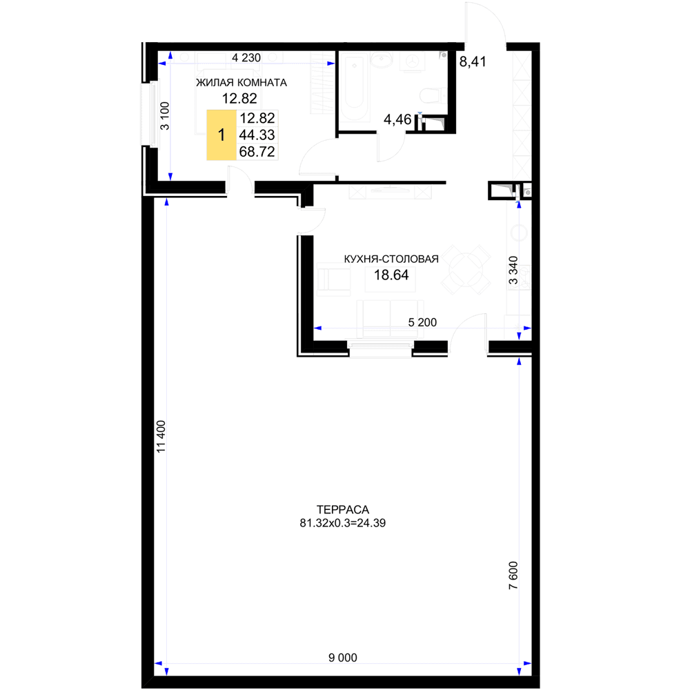 1-к, 68.72 м² · Фонтаны