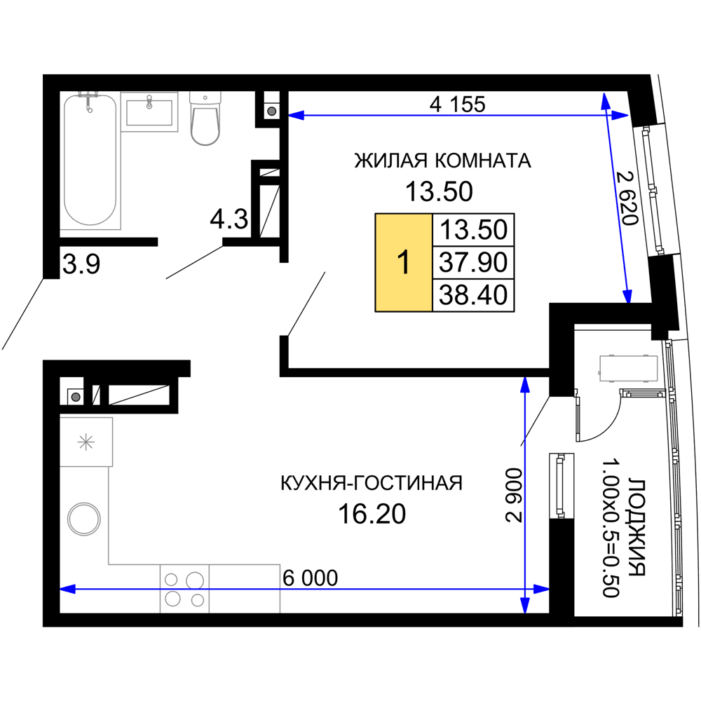 1-к, 38.4 м² · Фонтаны