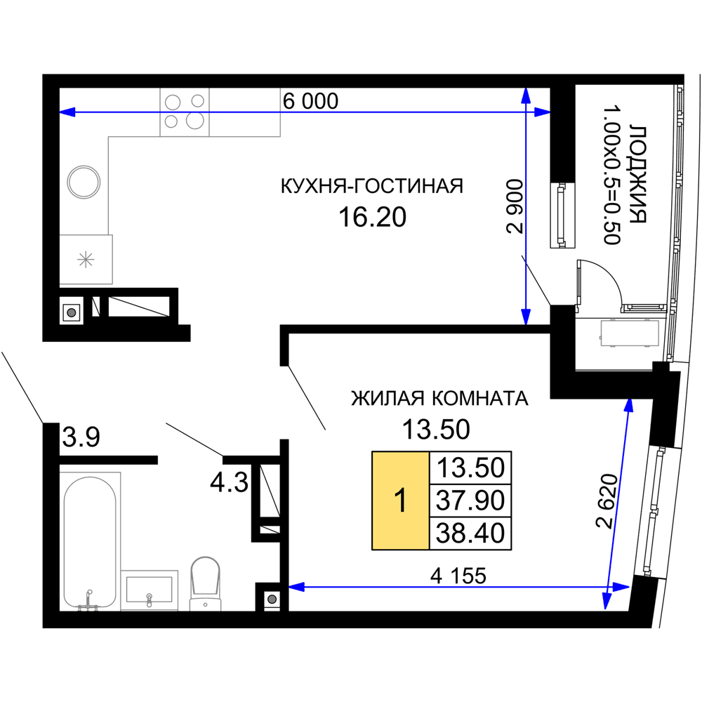 1-к, 38.4 м² · Фонтаны