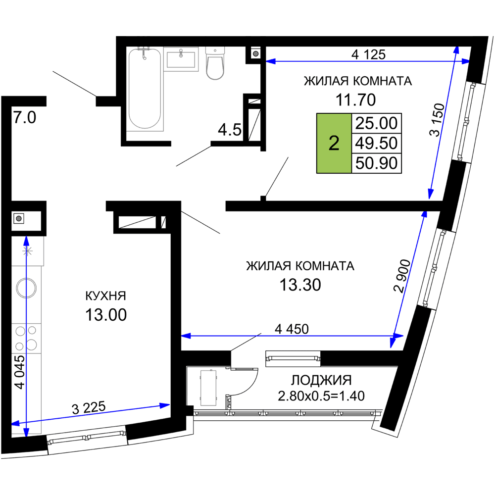 2-к, 50.9 м² · Фонтаны