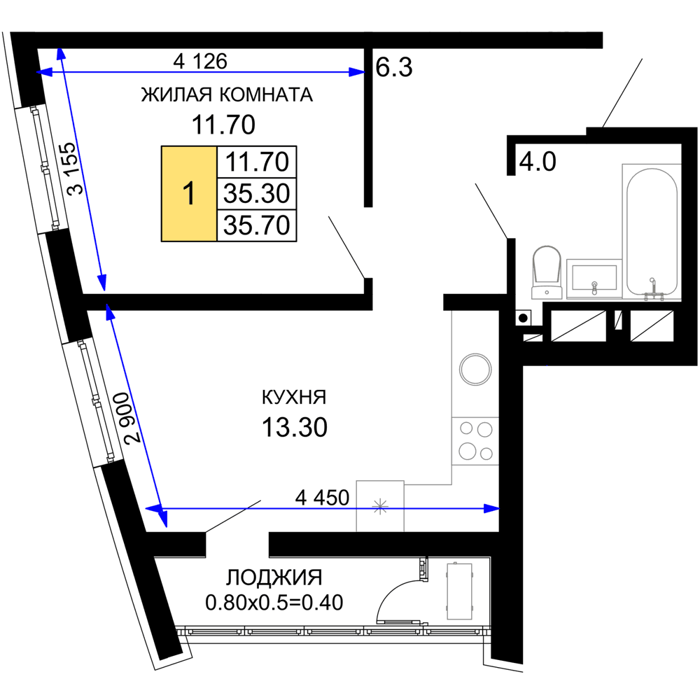 1-к, 35.7 м² · Фонтаны