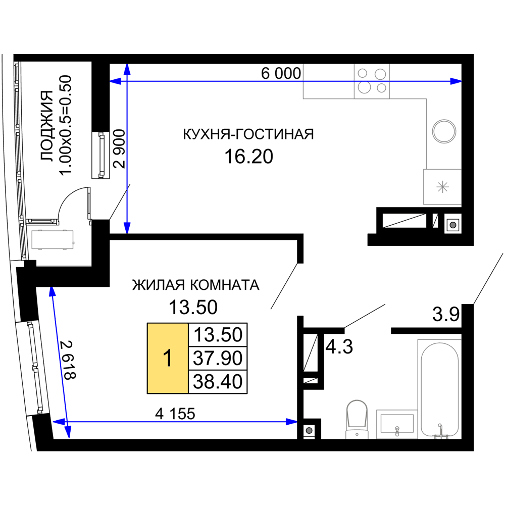 1-к, 38.4 м² · Фонтаны