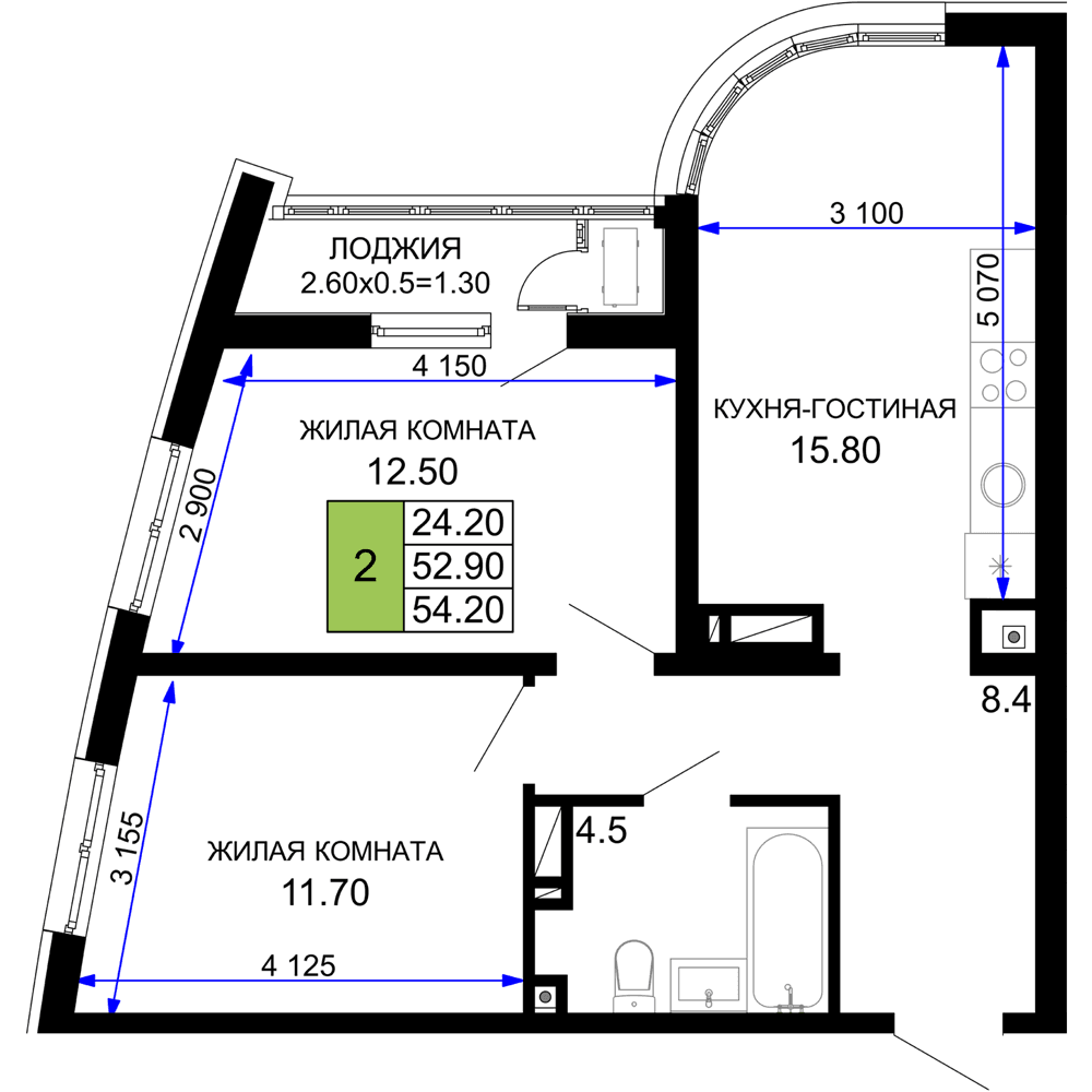 2-к, 54.2 м² · Фонтаны