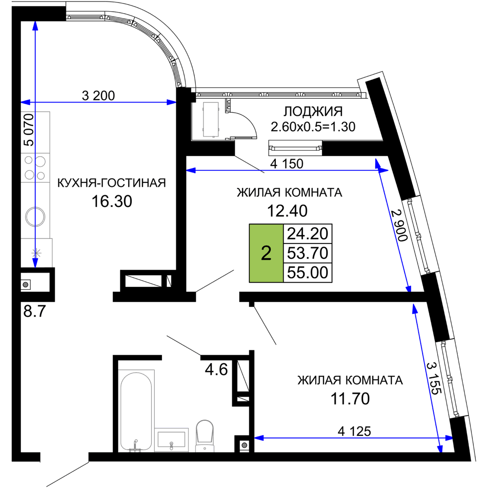 2-к, 55 м² · Фонтаны