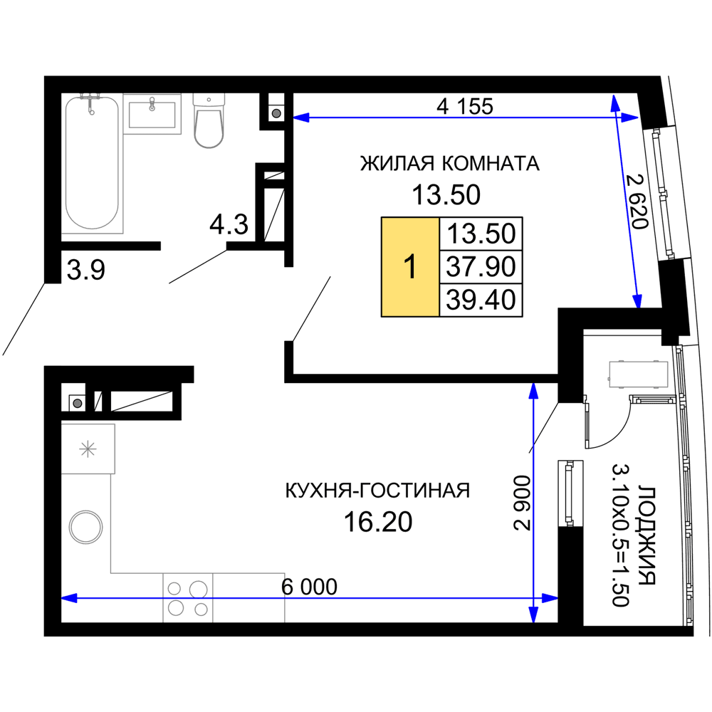 1-к, 39.4 м² · Фонтаны