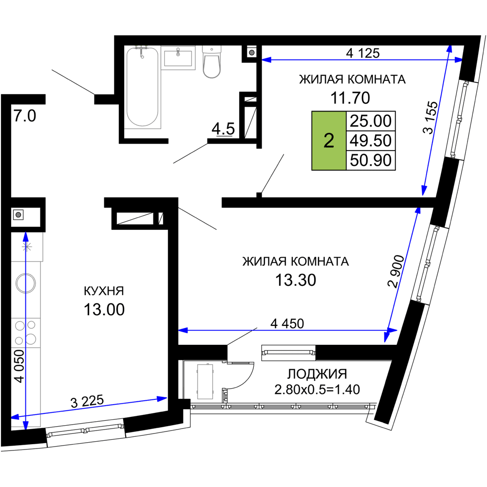 2-к, 50.9 м² · Фонтаны