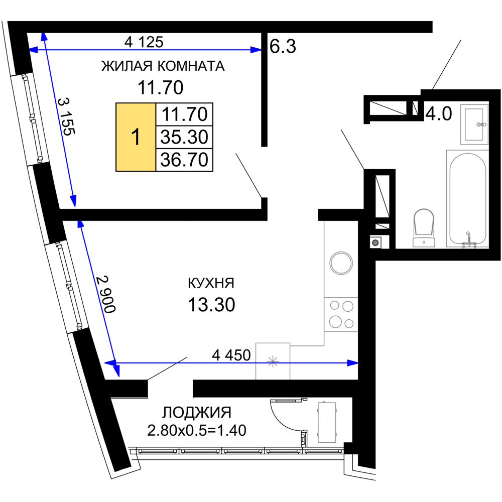 1-к, 36.7 м² · Фонтаны