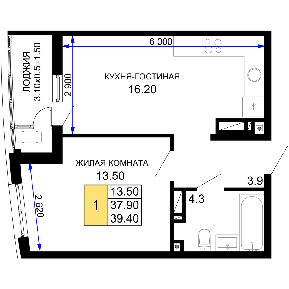 1-к, 39.4 м² · Фонтаны