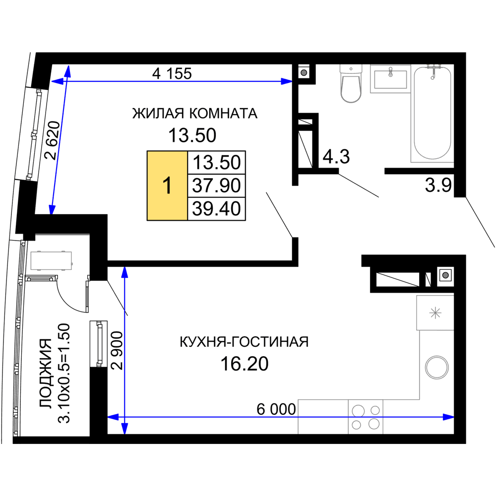 1-к, 39.4 м² · Фонтаны