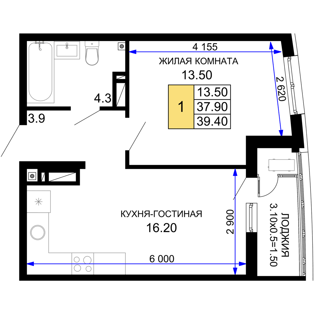 1-к, 39.4 м² · Фонтаны
