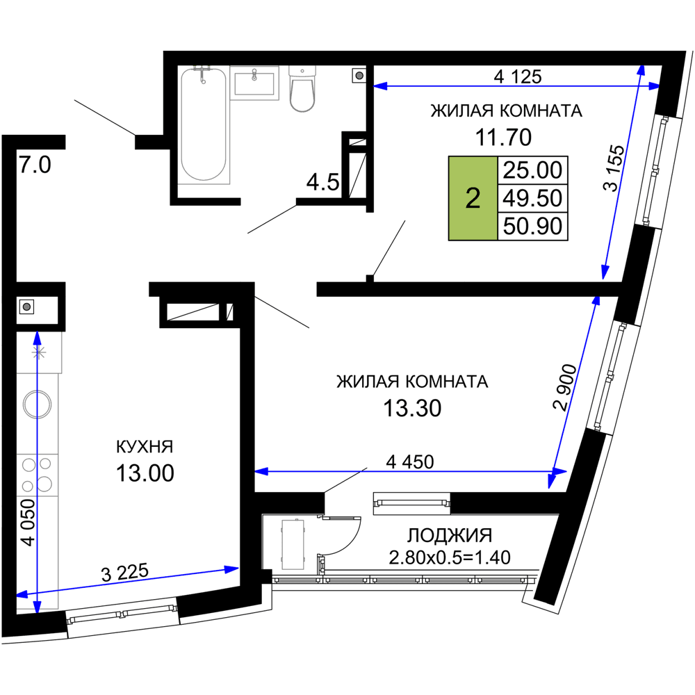 2-к, 50.9 м² · Фонтаны