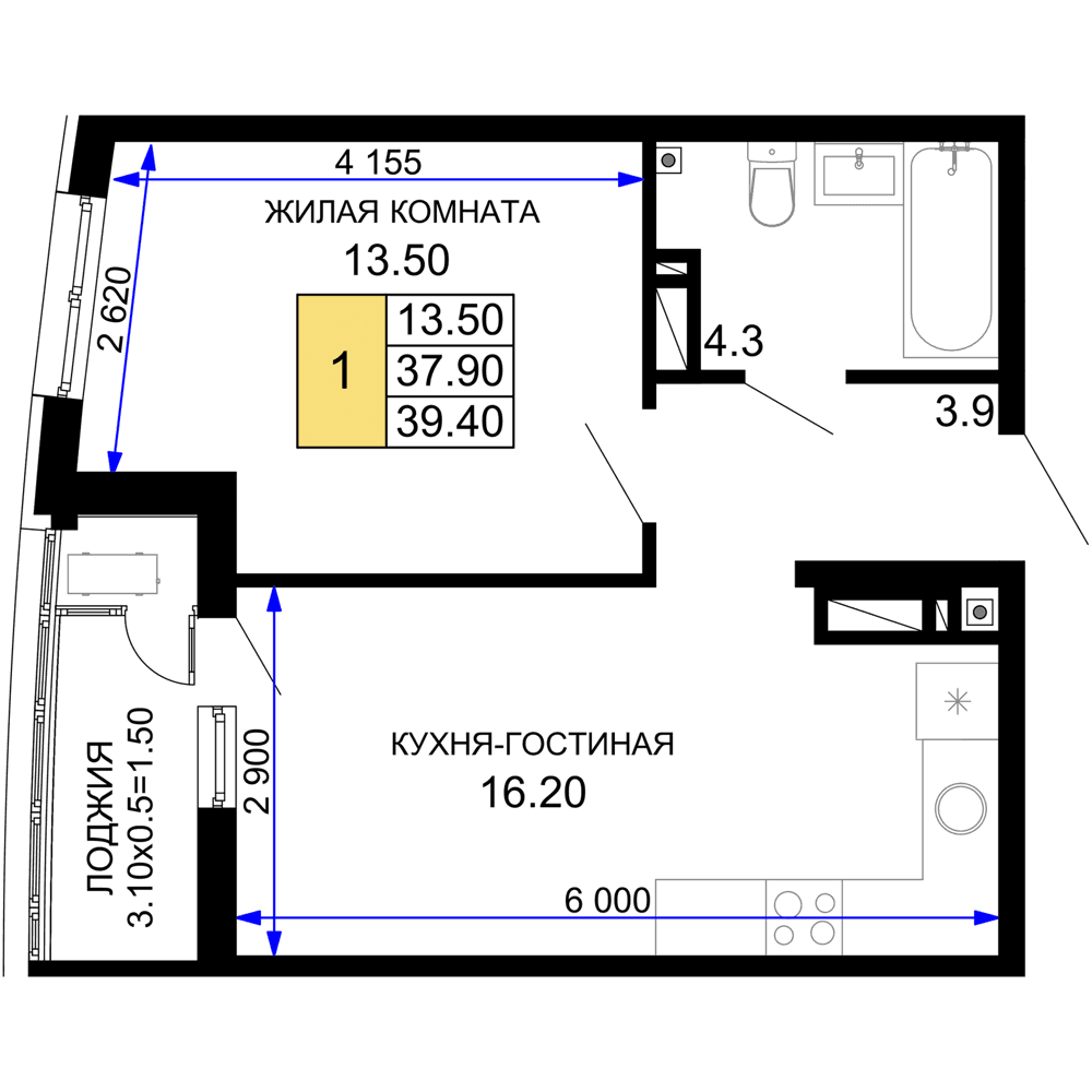 1-к, 39.4 м² · Фонтаны