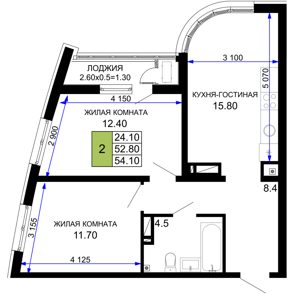 2-к, 54.1 м² · Фонтаны