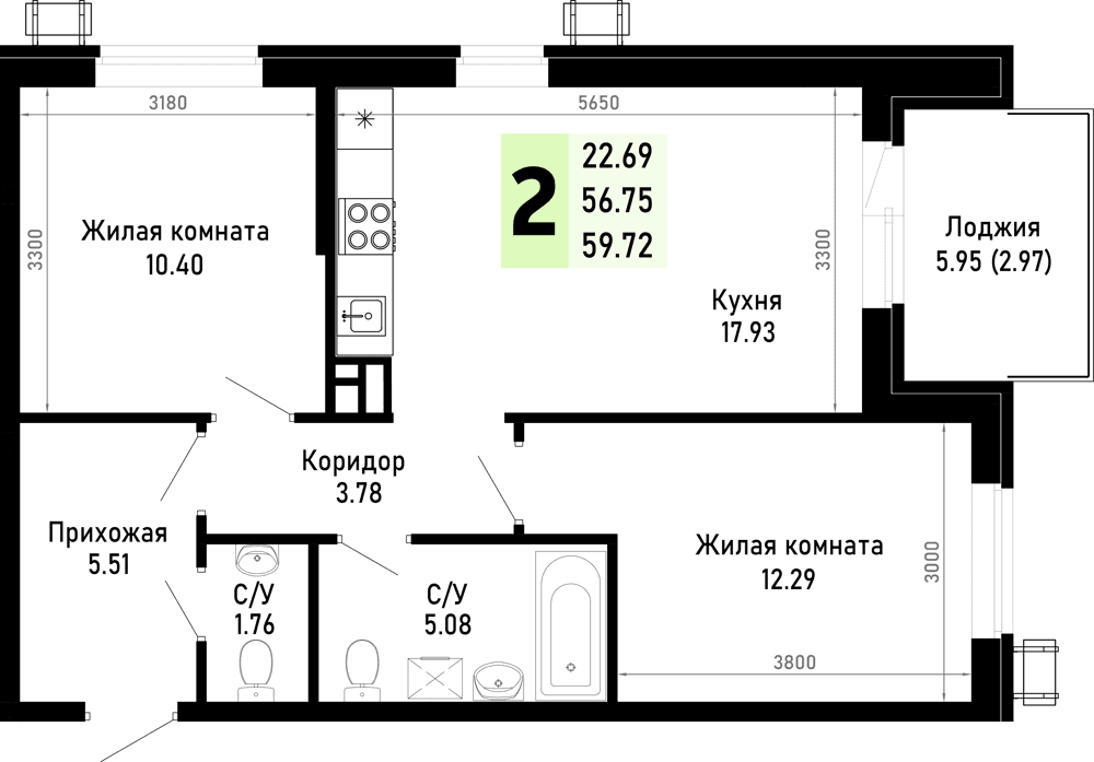2-к, 59.72 м² · Усадьба Гостагаевская