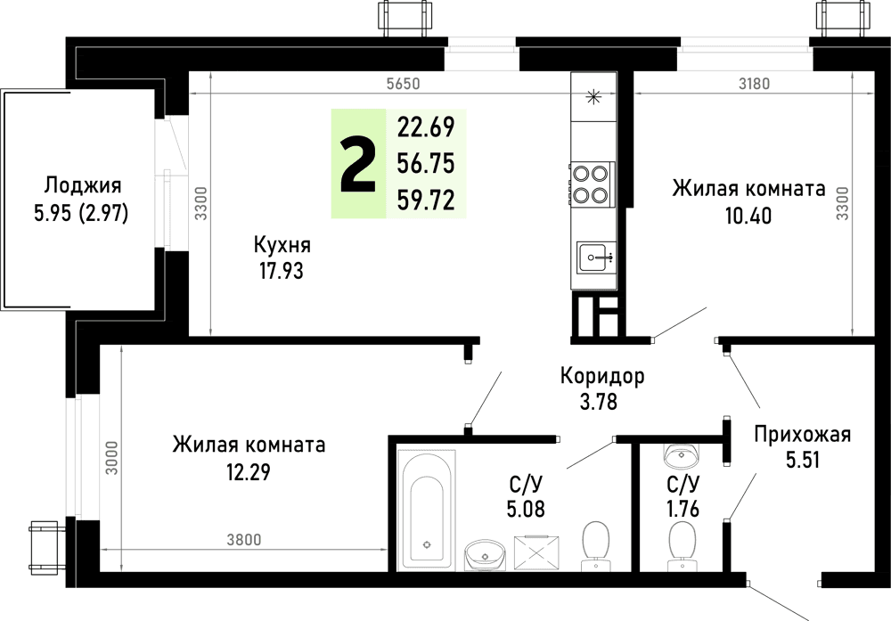 2-к, 59.72 м² · Усадьба Гостагаевская